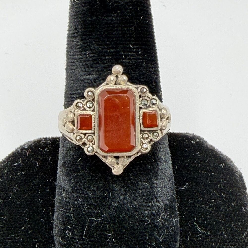 Vintage Art Deco 925 Sterling Silver Carnelian Marcasite Ring Size 7.25
